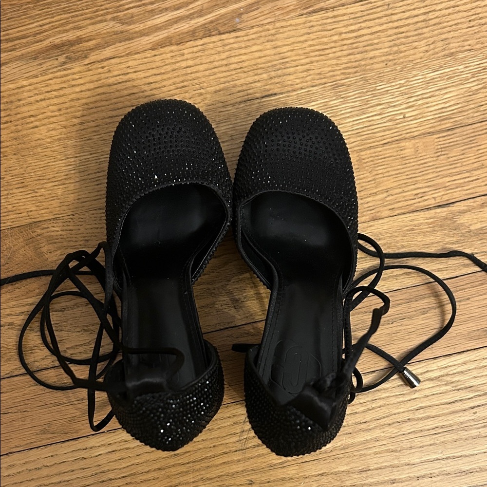SHEIN Black Rhinestone Lace-Up Heels